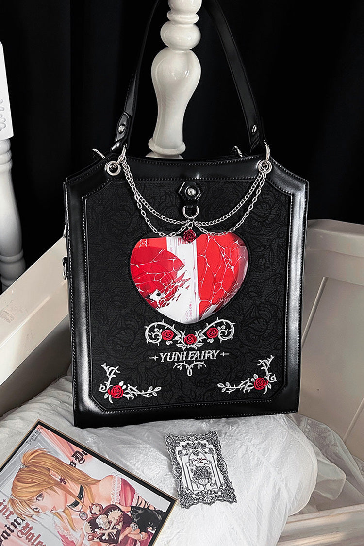 Black [Rose Thorns] Cut-Out Embroidered Chain-Decorated Gothic Lolita Itabag - Product - 3