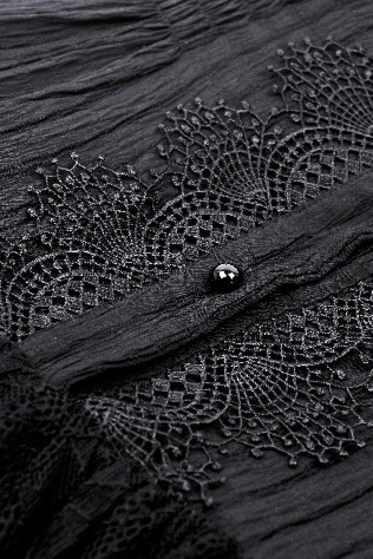 Black Lace Ruffled Stand Collar Bow Sleeveless Triple-Layered Hem Women's Gothic Dress - Product - 15