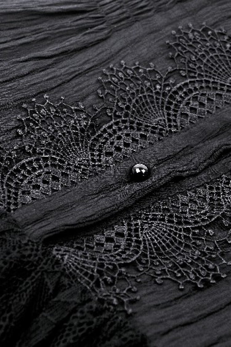 Black Lace Ruffled Stand Collar Bow Sleeveless Triple-Layered Hem Women's Gothic Dress - Product - 15