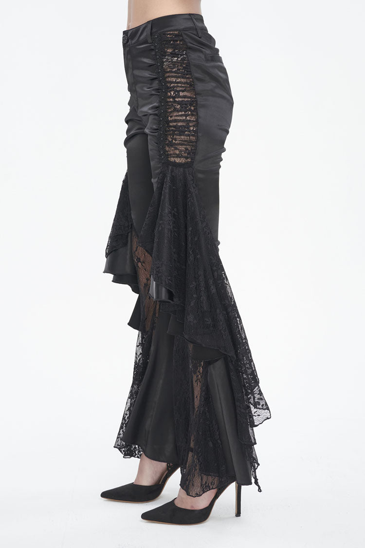 Black Ruffle Lace Stitching Womens Gothic Flared Pant - Product - 4