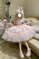 Pink [Sakura Bunny Ballad] Square Collar Flutter Sleeves Jacquard Ruffled Bow Lace Sweet Elegant Luxurious Long Lolita Jsk Dress - Product - 12