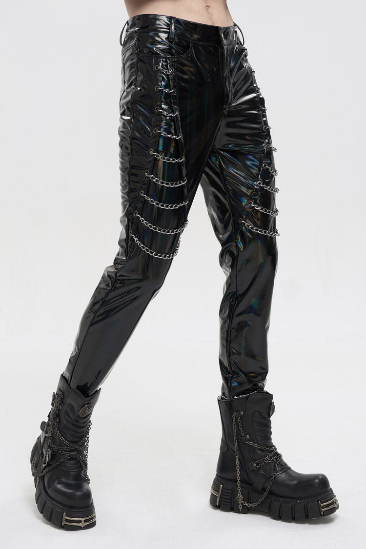 Black Stretch Symphony Metal Chains On Both Sides Versatile Leather Men's Gothic Pants - Product - 2