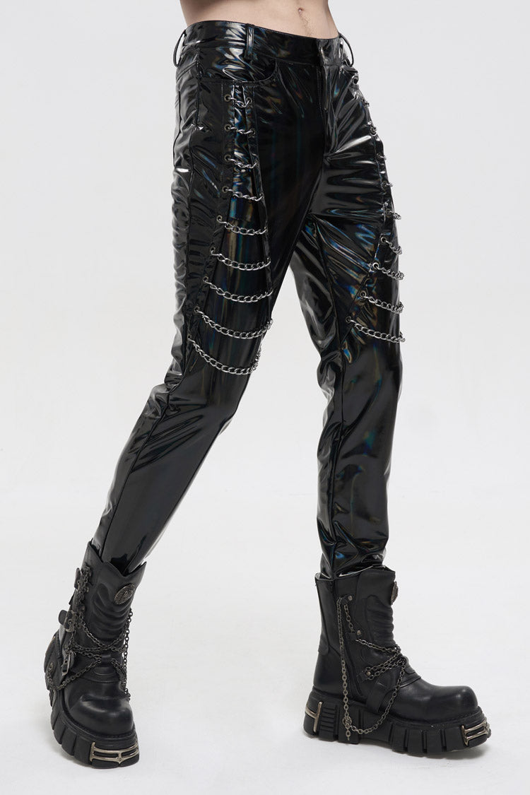 Black Stretch Symphony Metal Chains On Both Sides Versatile Leather Men's Gothic Pants - Product - 2