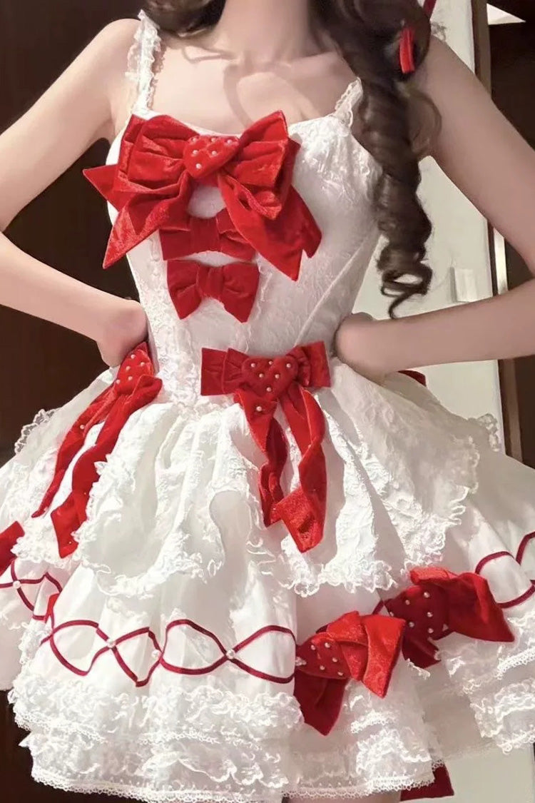 White/Red [Jasmine Rain] Strawberry Square Collar Sleeveless Triple-Layered Jacquard Bow Sweet Lolita Jsk Dress - Product - 3