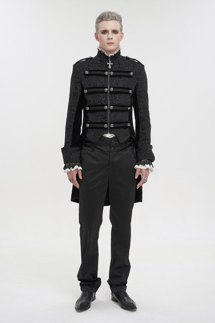 Black Silk Stand Collar Printed Metal Breasted Cross Zipper Back Slit Vintage Men's Gothic Jacket - Product - 2
