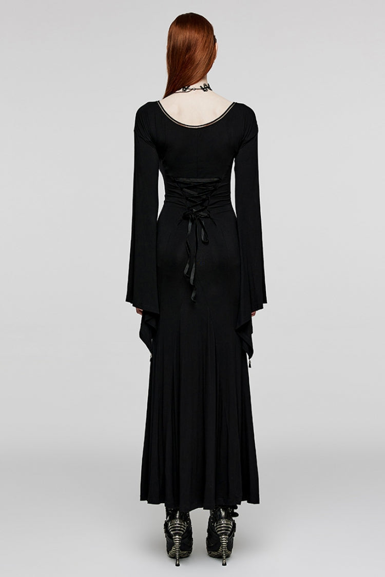 Black V Collar Long Sleeves Floral Embroidery Women's Gothic Dress - Product - 3