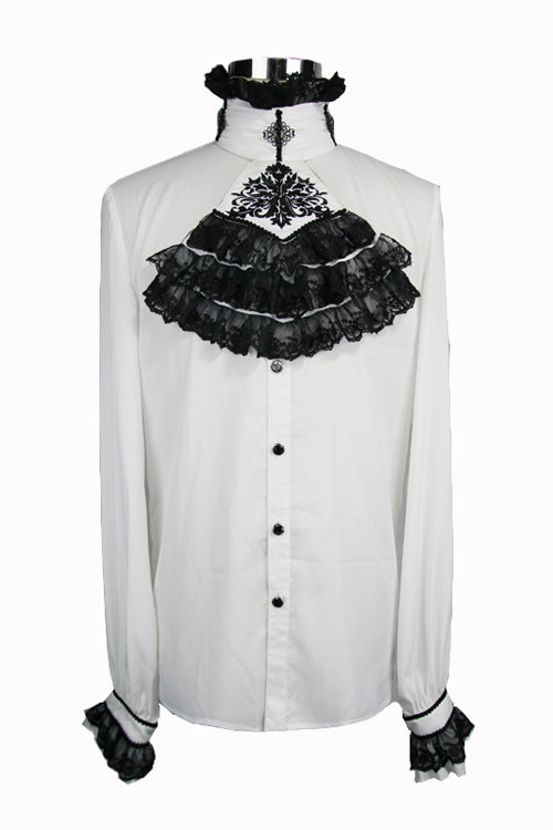 White Chiffon Chest Embroidery Lace Sleeves Mens Gothic Blouse - Product - 4