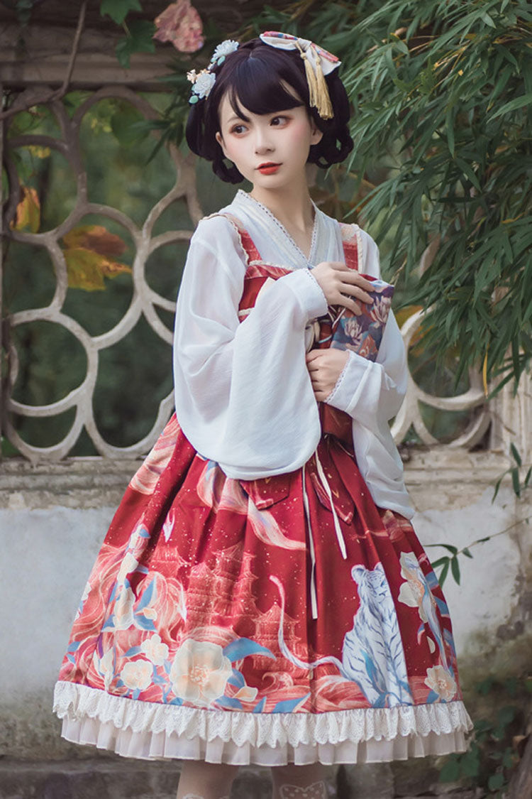 Wine White Tiger Print Chinese Style High Waisted Classic Lolita Jsk Dress - Product - 2