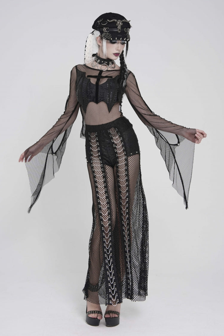 Black Round Collar Long Sleeves Cut-Out Sheer Eyelet Women's Punk Bat Cross Mesh T-Shirt - Product - 4