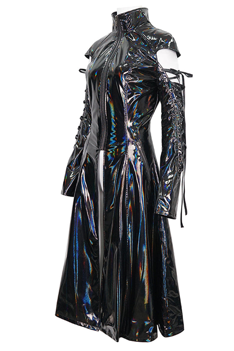 Black Lace Up Mesh Splice Patent Leather Long Women's Punk Coat - Product - 7