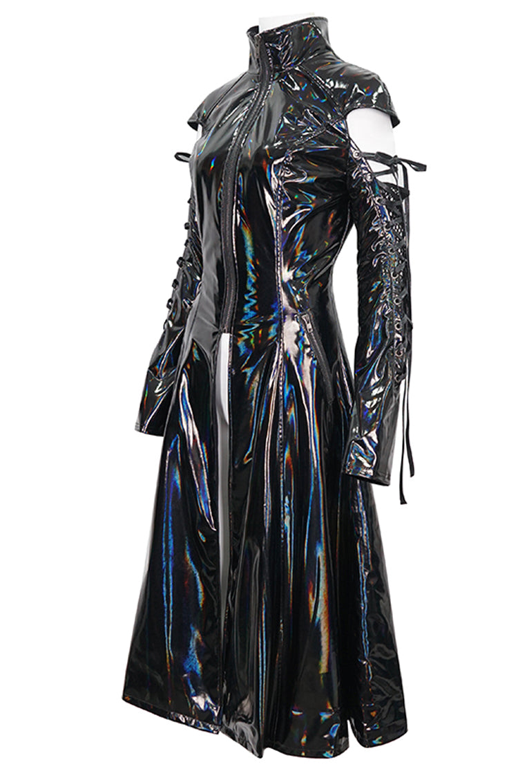 Black Lace Up Mesh Splice Patent Leather Long Women's Punk Coat - Product - 7