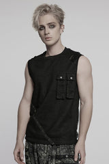 Black Round Collar Sleeveless Stitching Mesh Ripped Men's Punk Vest - Product - 2