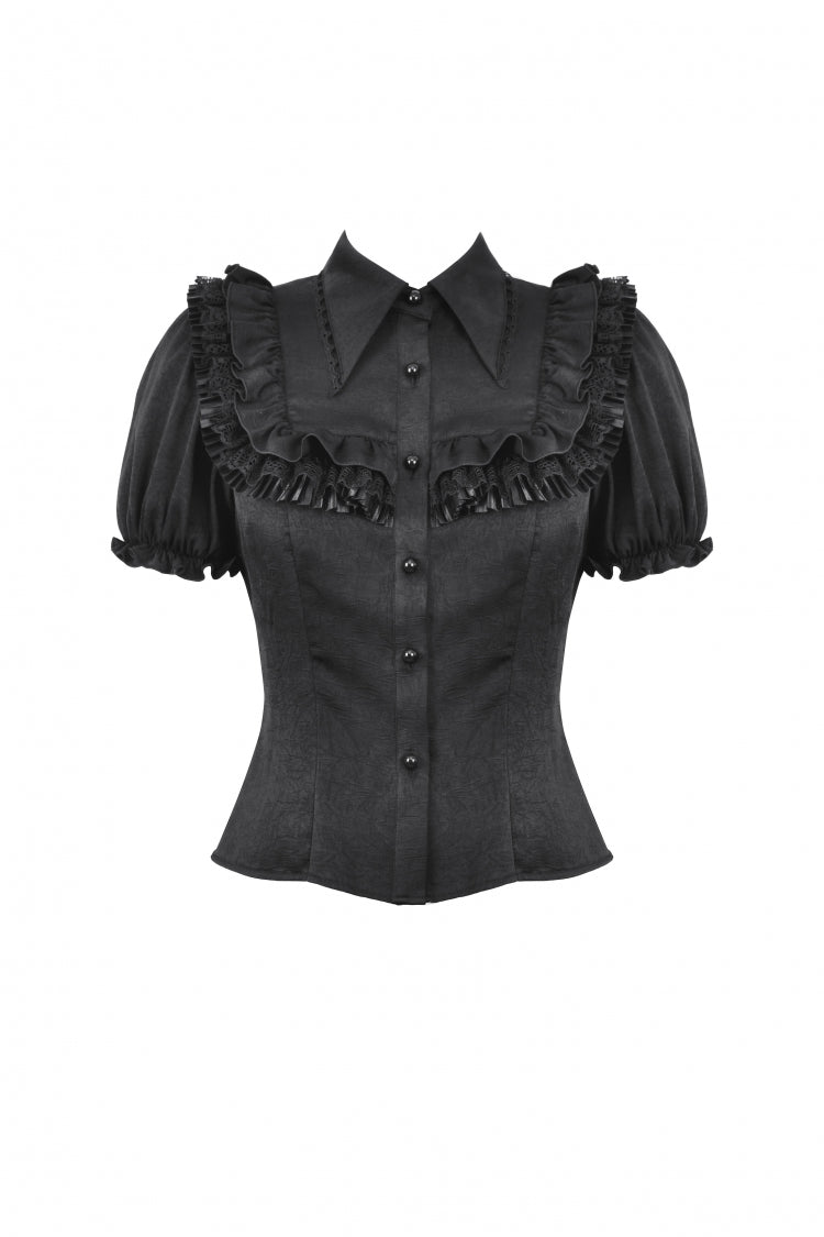 Black Point Collar Short Puff Sleeves Ruffled Women's Gothic Blouse - Product - 3