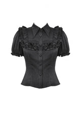 Black Point Collar Short Puff Sleeves Ruffled Women's Gothic Blouse - Product - 3