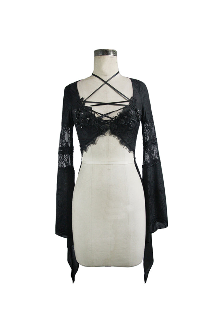 Black Perspective Mesh-yarn Long-sleeve Lace Front Short And Back Long Women's Gothic Blouse - Product - 5
