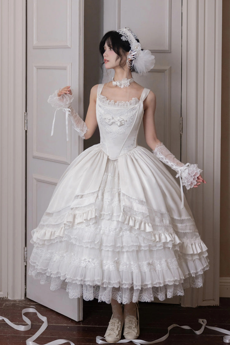 White [Promise of the Rose] Multi-Layered Ruffled Hanayome Open-Front Bow Sweet Gorgeous Lolita Jsk Dress Set - White - 1