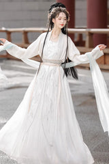 White Long Sleeves High Waisted Jacquard Print Embroidery Women's Sweet Hanfu Dress Full Set - Product - 6