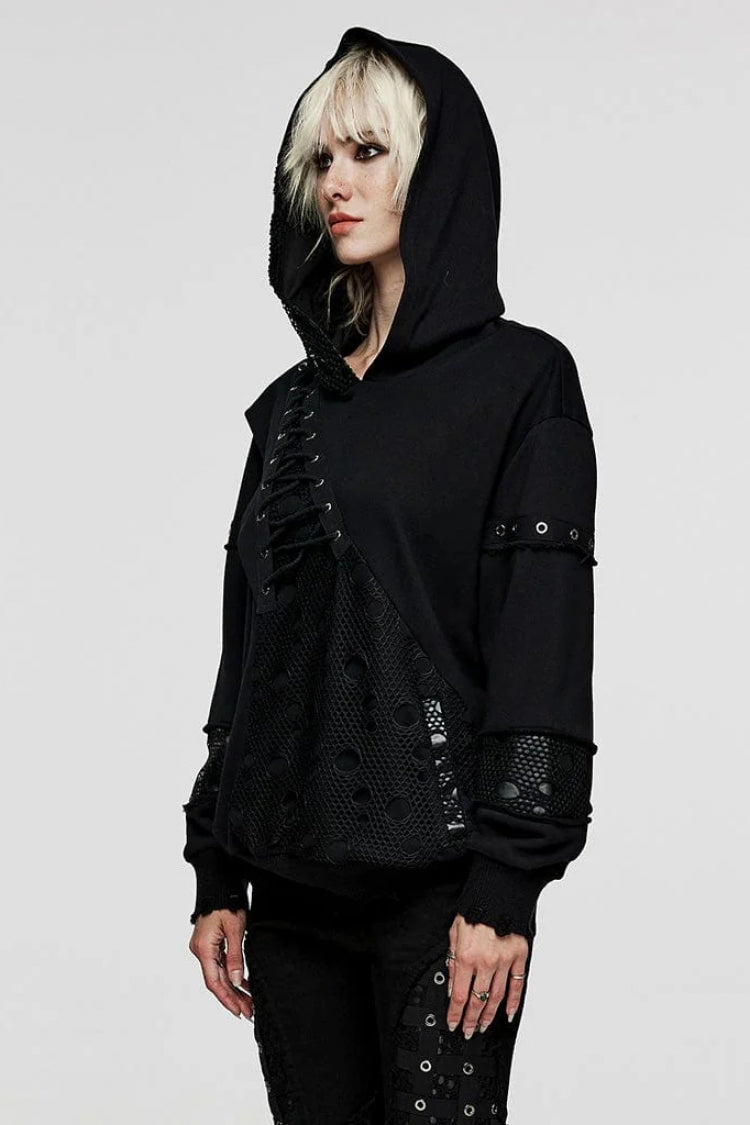 Black Long Sleeves Print Metal Eyelet Lace-Up Hooded Womens Steampunk Jacket - Product - 2