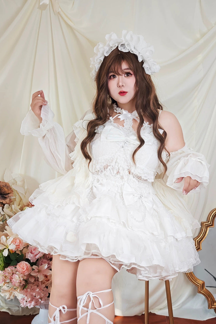 White Sleeveless Multi-Layered Ruffled Bow Lace Pearl-Decorated Sweet Plus Size Lolita Dress - Product - 4