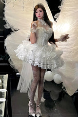 White [Love God Bride] Halterneck Ruffle Hanayome Bowknot Lace Sweet Princess Lolita Jsk Dress - Product - 5
