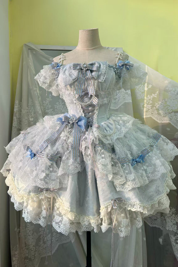 Blue [Anna’s Ball] Square Collar Ruffled Hanayome Bow Lace Sweet Princess Ballet Lolita Jsk Dress - Product - 3