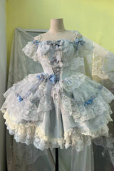 Blue [Anna’s Ball] Square Collar Ruffled Hanayome Bow Lace Sweet Princess Ballet Lolita Jsk Dress - Product - 3