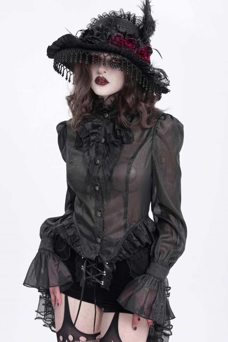 Black Stand Collar Ruffle Sheer Women's Swallow-tailed Gothic Blouse - Product - 3