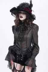 Black Stand Collar Ruffle Sheer Women's Swallow-tailed Gothic Blouse - Product - 3