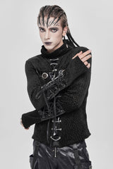 Black Stand Collar Long Sleeves Faux Leather Stitching Chain Eyelet Men's Punk Blouse - Product - 4