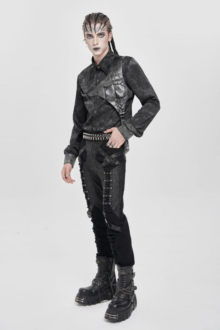 ブラック 長袖 プリント 切り替え アシンメトリー Bullet メンズ パンク ブラウス 商品画像