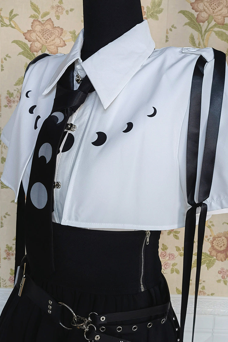 Black/White Short Sleeves Ruffle Asymmetric Gothic Jirai Kei Skirt Blouse Set - Product - 6