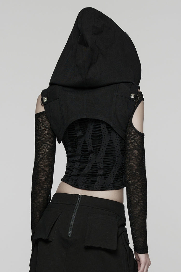 Black Stand Collar Sleeveless Hooded Zipper Pleated Women's Punk Short Vest - Product - 3