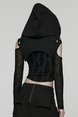 Black Stand Collar Sleeveless Hooded Zipper Pleated Women's Punk Short Vest - Product - 3
