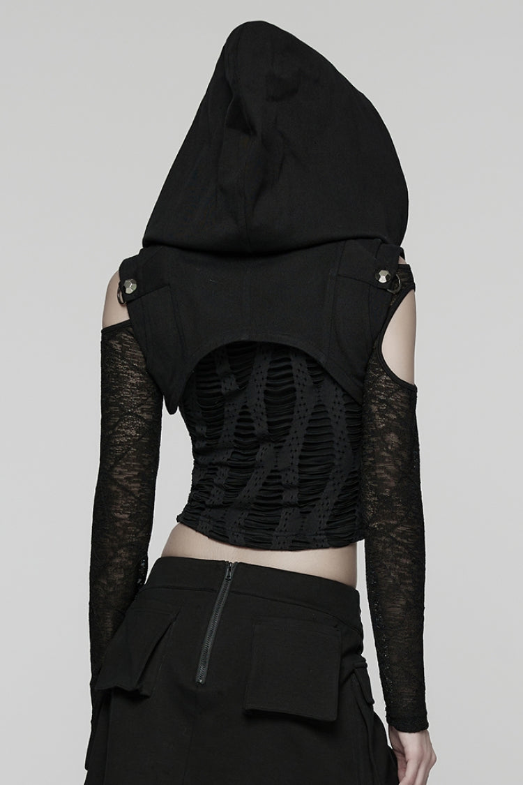 Black Stand Collar Sleeveless Hooded Zipper Pleated Women's Punk Short Vest - Product - 3