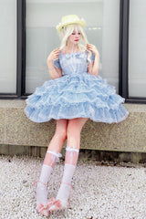 Blue Short Sleeves Multi-Layered Ruffle Hanayome Bowknot Lace Plus Size Sweet Lolita Dress - Product - 8