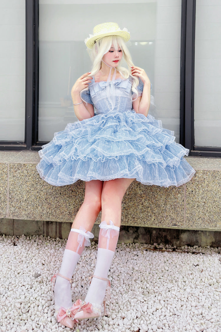 Blue Short Sleeves Multi-Layered Ruffle Hanayome Bowknot Lace Plus Size Sweet Lolita Dress - Product - 8