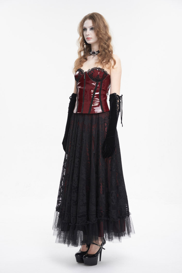 Red Lace Splice Patent Leather Women's Punk Overbust Corset - Product - 5