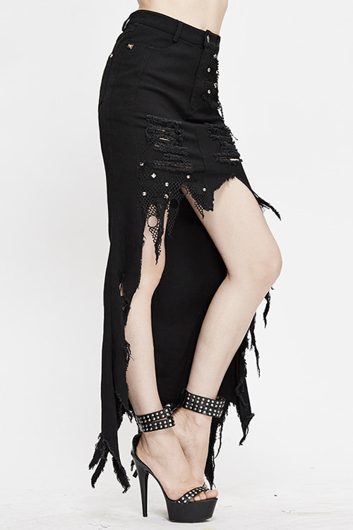 Black Short Front Long Back Worn Nipped Waist Punk Twill Package Hip Half Fishtail Skirt - Product - 2