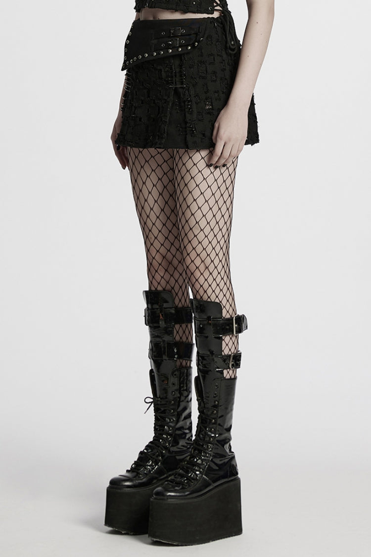 Black Ripped Asymmetric Studded Women's Punk Denim Skirt - Product - 2