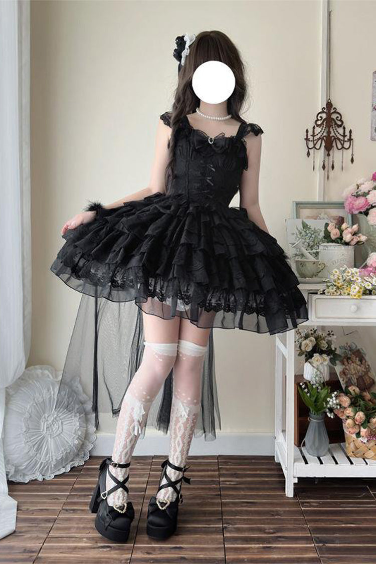 Black [From Broken Wings to Rebirth] Sleeveless Multi-Layered Ruffle Bowknot Lace-Up Gothic Ballet Lolita Jsk Dress - Product - 2