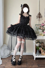 Black [From Broken Wings to Rebirth] Sleeveless Multi-Layered Ruffle Bowknot Lace-Up Gothic Ballet Lolita Jsk Dress - Product - 2