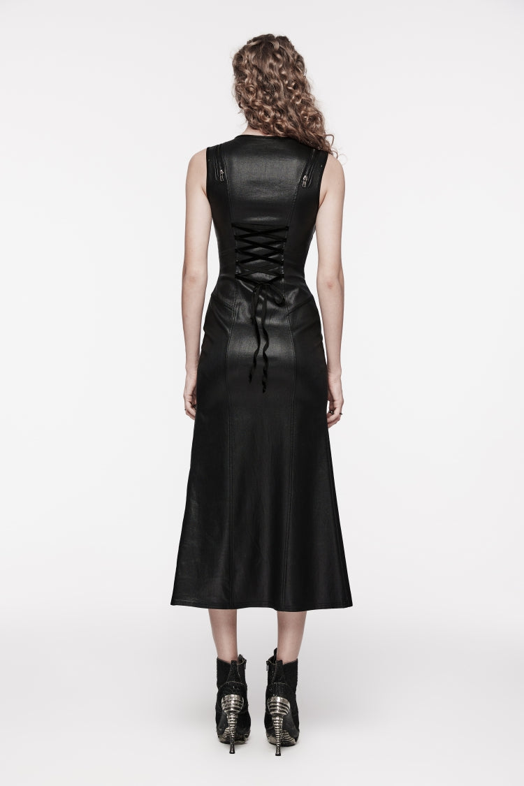 Black Sleeveless Split Lace-Up Slim Women's Punk Dress - Product - 6