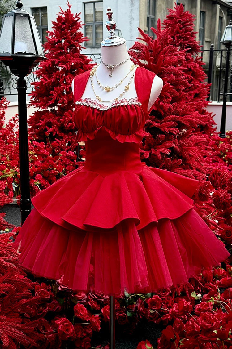 Red [Romantic Rose] Square Collar Sleeveless Ruffled Classic Ballet Lolita Dress - Red - 1