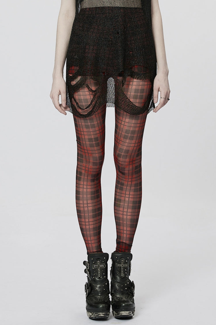 Plaid Print Slim Sheer Women's Steampunk Leggings 2 Colors - Black/Red - 7