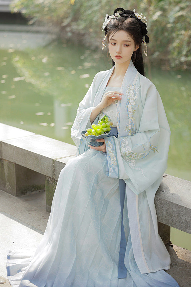 White/Blue [Auspicious Clouds] Long Sleeves High Waisted Ombre Embroidered Women's Classic Hanfu Dress Set - Product - 3