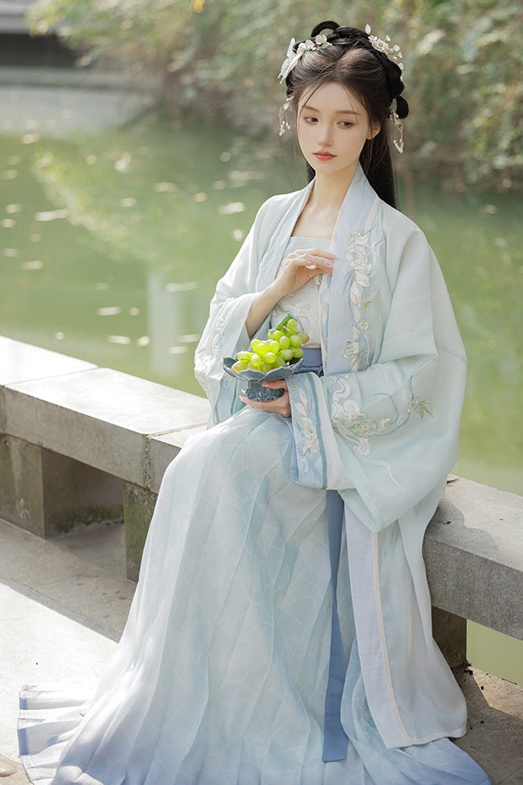 White/Blue [Auspicious Clouds] Long Sleeves High Waisted Ombre Embroidered Women's Classic Hanfu Dress Set - Product - 3
