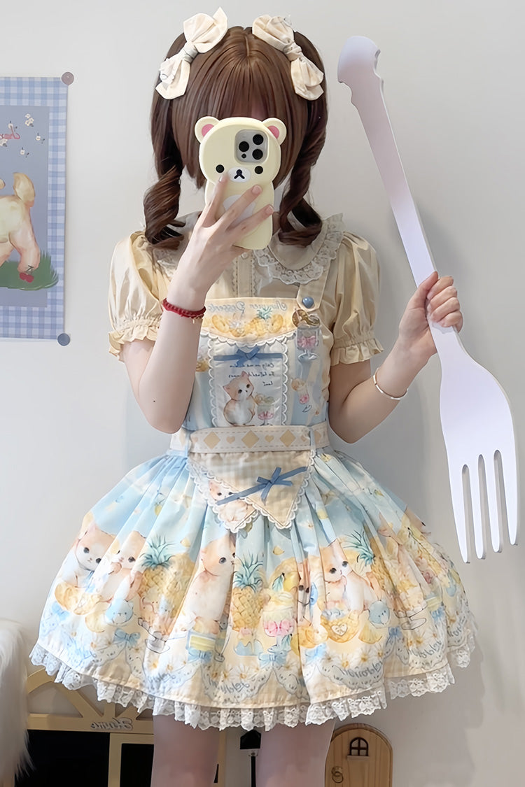 Blue [Pineapple Cat] Print Sleeveless Bowknot Lace Sweet Lolita Strap Dress - Blue - 1