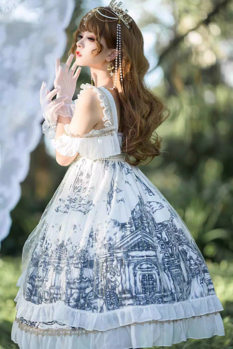 White [Castle Feast] Print Ruffle Bowknot Gothic Princess Lolita Jsk Dress - Product - 7