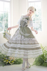 Green [Teacup Rabbit] Multi-Layered Print Ruffle Embroidery Bowknot Lace Asymmetric Sweet Elegant Lolita Jsk Dress - Product - 14