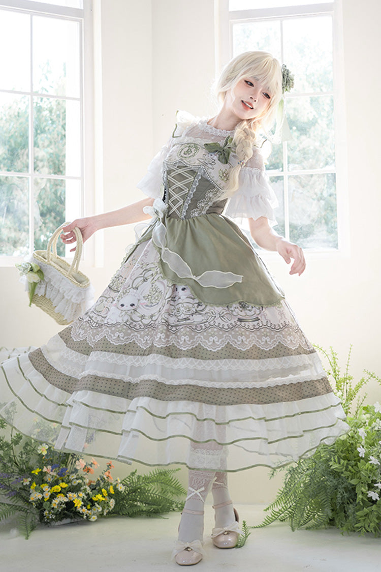 Green [Teacup Rabbit] Multi-Layered Print Ruffle Embroidery Bowknot Lace Asymmetric Sweet Elegant Lolita Jsk Dress - Product - 14